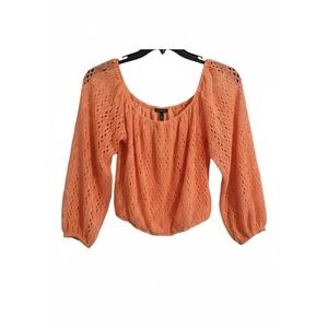 Daytrip Orange Crochet Square Neck Long Sleeve Crop Top Women's Size M